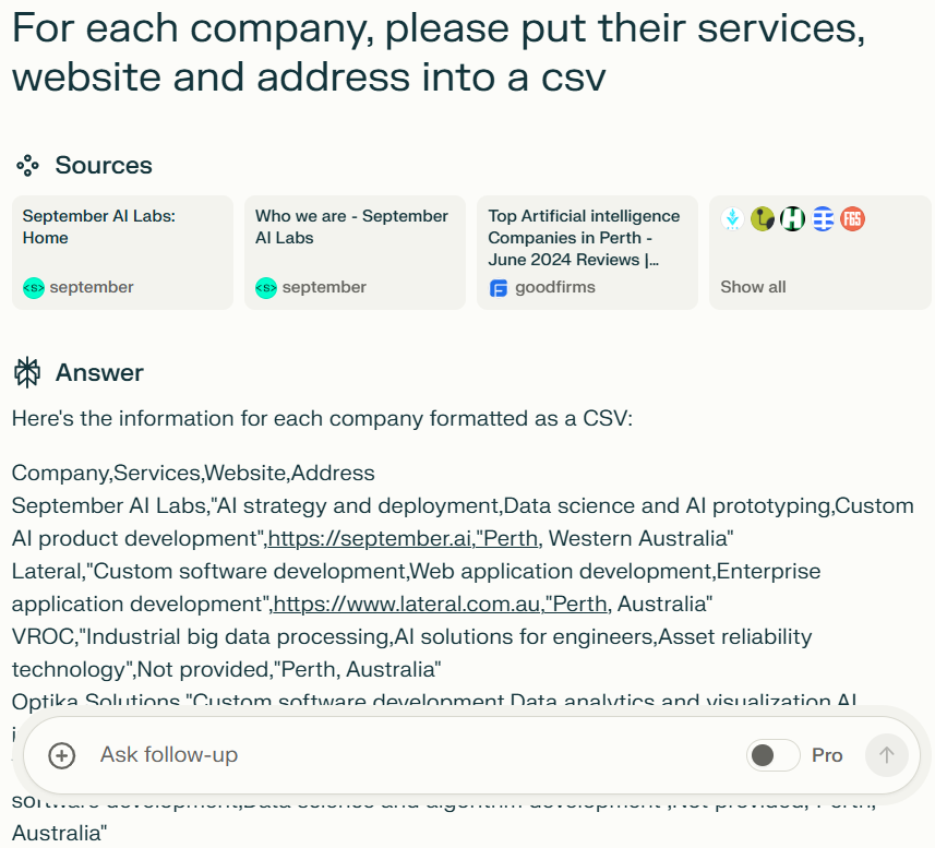 Perplexity AI missing website links and services.