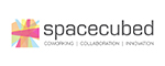 Spacecubed co-working space small logo thumbnail with colorful geometric pinwheel icon and company name