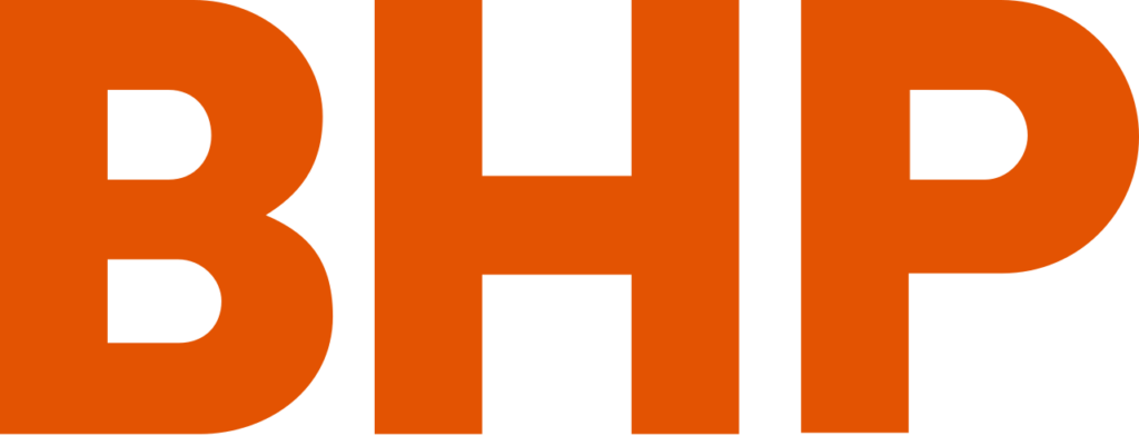 BHP corporate logo - bold orange lettering on transparent background
