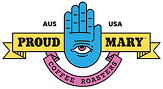 Proud Mary Coffee logo - illustrated hamsa hand badge emblem with Proud Mary Coffee text in blue, yellow and purple vintage style
