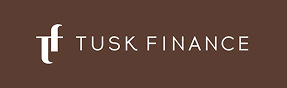 Tusk Finance logo - white company name and stylized T monogram on dark brown background