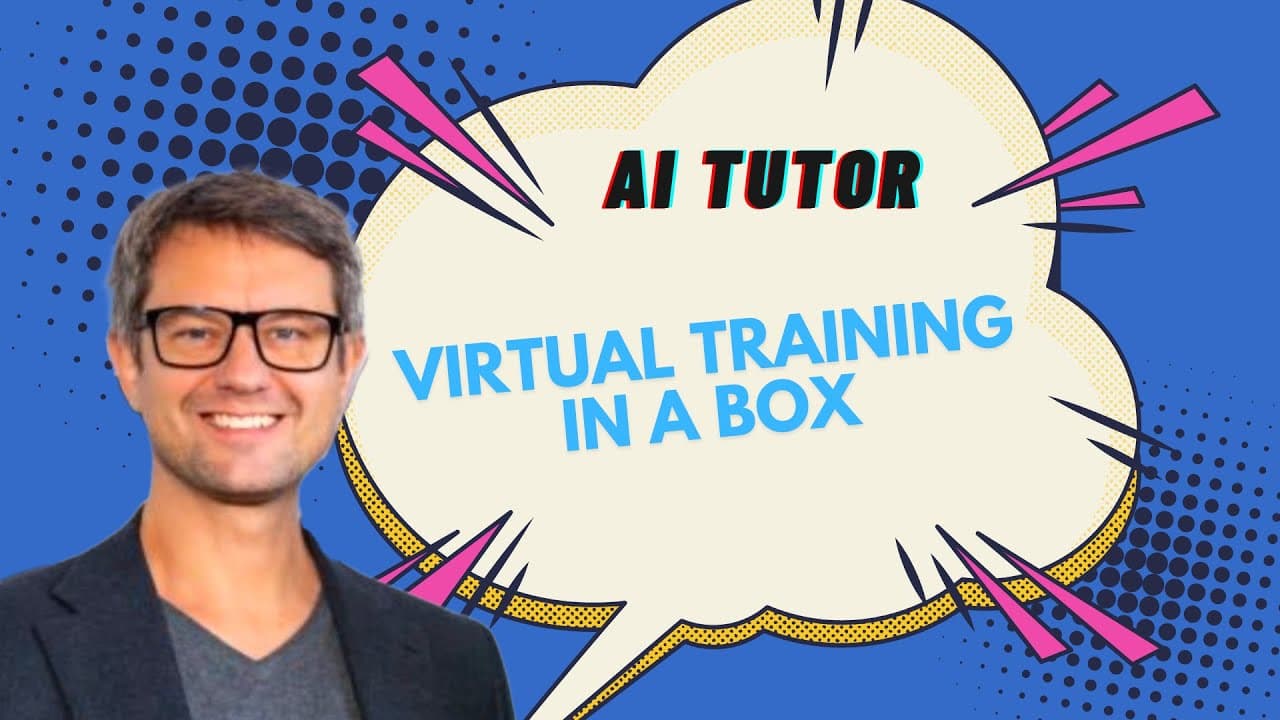 Colorful comic book style promotional image for AI Tutor Virtual Training in a Box showing a smiling man with glasses on a blue pop-art background with speech bubble text, representing AI Educational Tutors service
