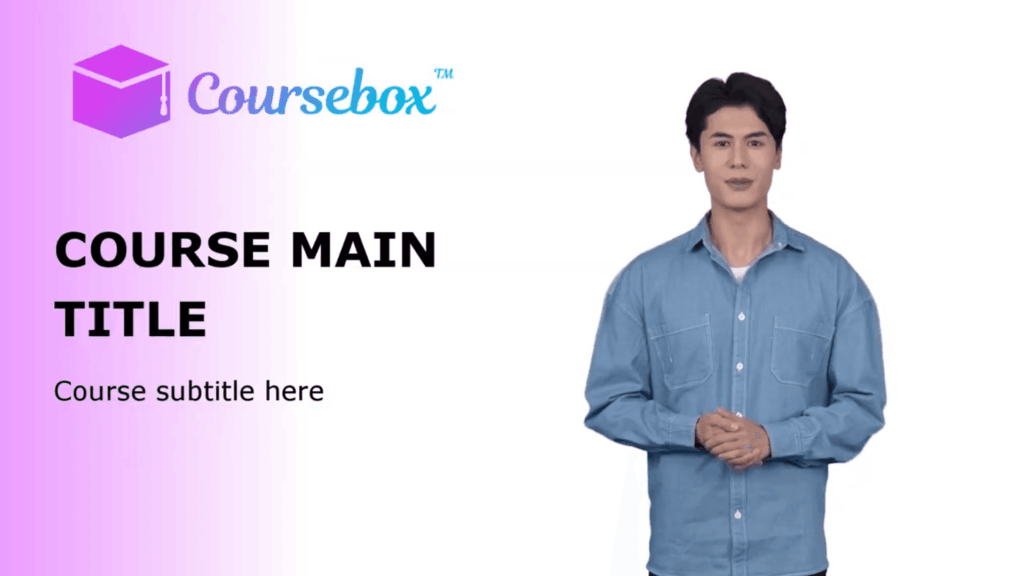 Coursebox AI e-learning platform template showing a purple 3D box graduation cap logo alongside an AI-generated presenter avatar on a purple gradient background with course title and subtitle placeholder text