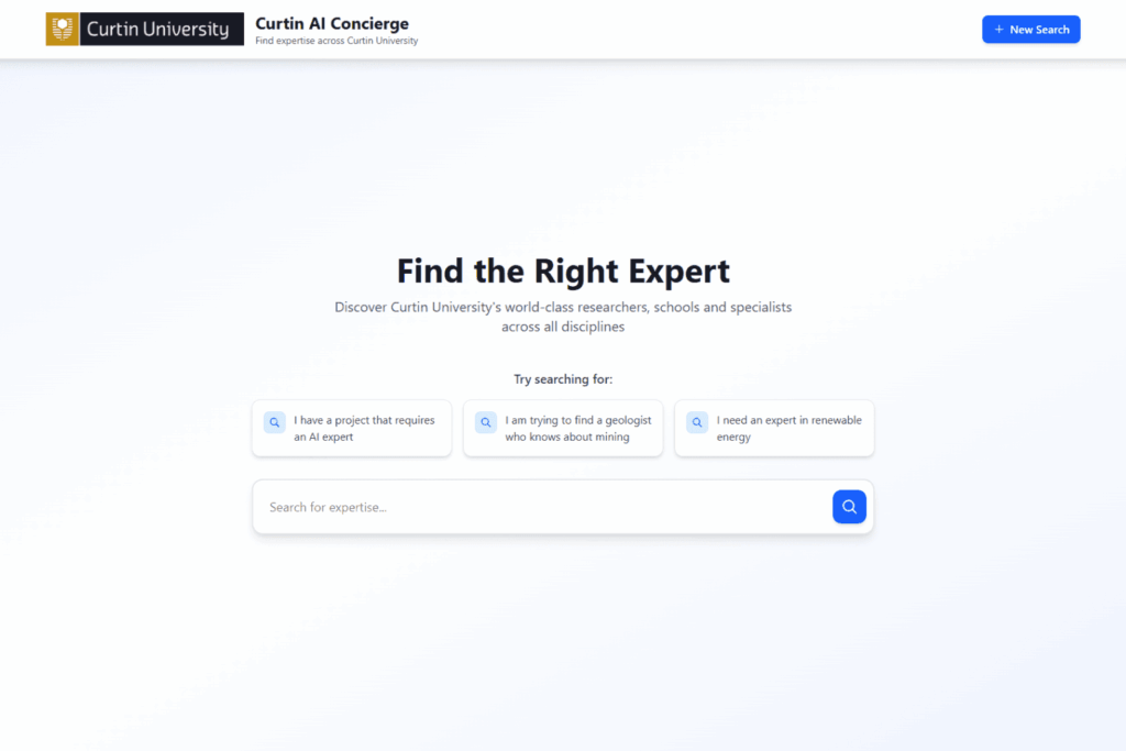 Curtin University AI Concierge home page with Find the Right Expert headline and search interface for discovering Curtin researchers and specialists, with sample queries for AI experts, geologists and renewable energy