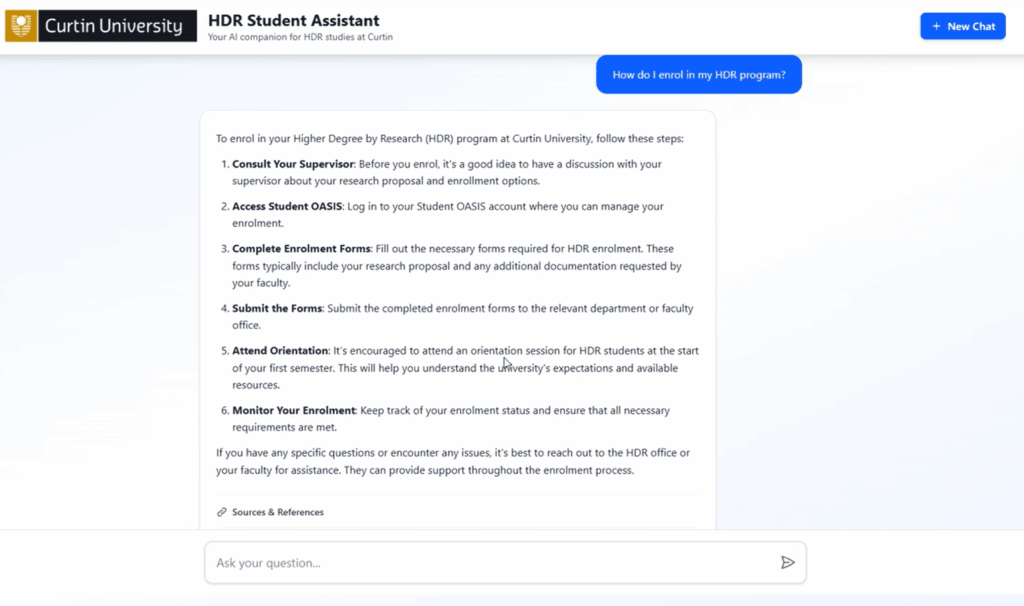 Curtin University HDR Student Assistant AI chatbot interface showing a response to how to enrol in HDR program with step-by-step instructions for Higher Degree by Research students