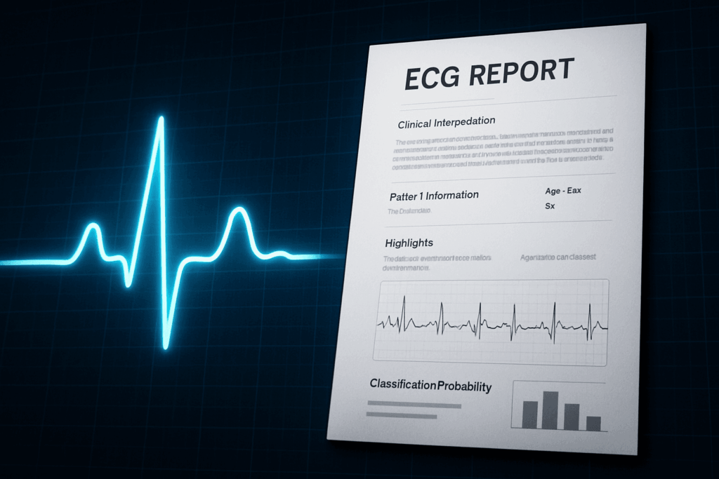 Glowing blue ECG heartbeat waveform against dark background overlaid with an AI-generated ECG Report document showing clinical interpretation, patient data, ECG signal graph and classification probability, representing automated medical report generation