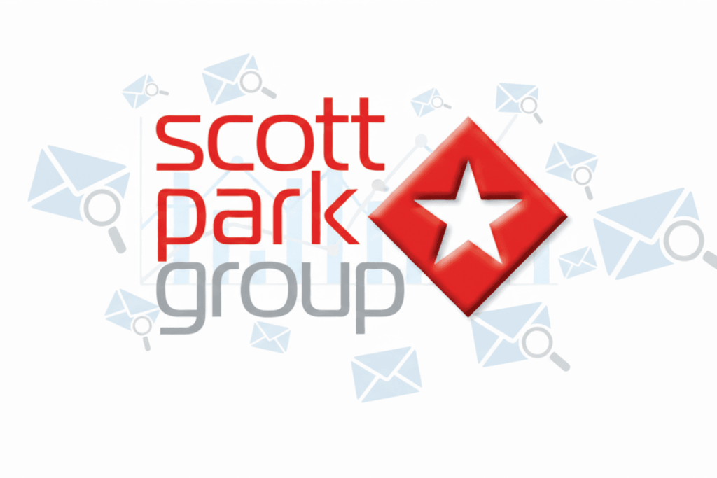 Scott Park Group logo with red company name text and red diamond shape with white star, overlaid on email envelope icons background representing AI-powered email analysis for the Scott Park Group