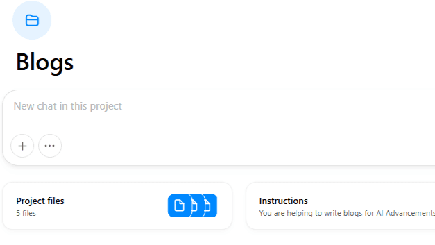 AI project interface showing a Blogs writing project with 5 project files and instructions for helping write blog content for AI Advancements